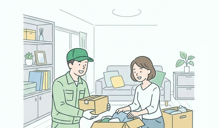 作業員と女性が不用品を片付けているイラスト